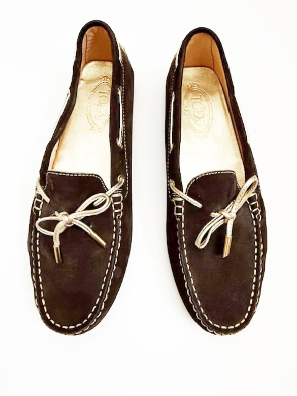 Tod's Gommino suede driving loafers, brown with gold leather ties, size 41/11